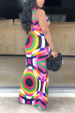 Multi-color Sexy Fashion Tank Sleeveless V Neck Step Skirt Ankle-Length Patchwork Print Club Dresses
