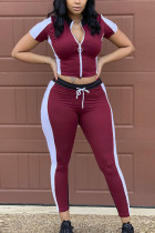 Fashion Patchwork Zipped Wine Red Causal Two-pieces Set