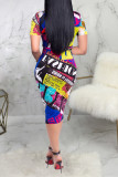 Multi-color Fashion Sexy Cap Sleeve Short Sleeves V Neck Pencil Dress Knee-Length Patchwork Print Clu