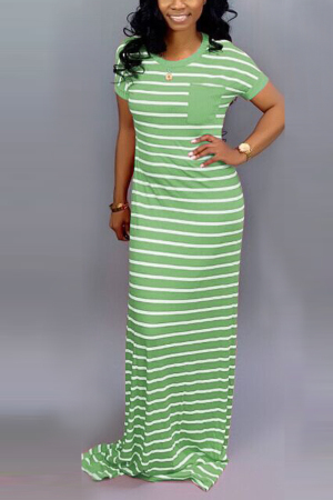 Sexy Lovely Striped Short Sleeve Green Dress