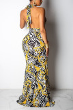 Multi-color Sexy Fashion Tank Sleeveless V Neck A-Line Floor-Length Print backless Patchwork hollow ou