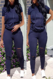 Dark Blue Trendy Hooded Collar Short Sleeves Two-pieces Set