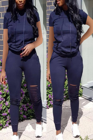 Trendy Hooded Collar Short Sleeves Dark Blue Two-pieces Set