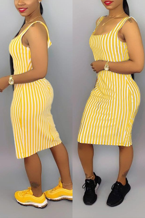 Sexy Yellow Striped Suspenders Dress