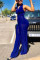 Sexy V-neck Halter Sheath Blue Wide Jumpsuit