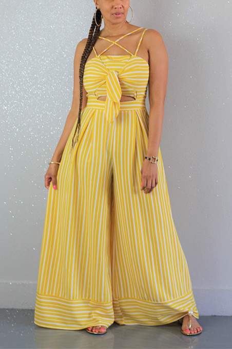 

Sexy Fashion Yellow Striped Trumpet Jumpsuit