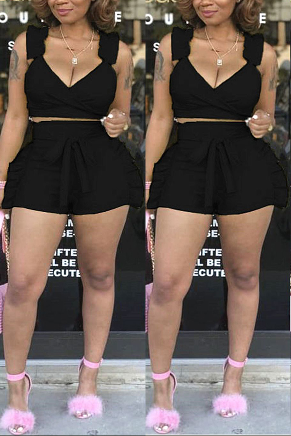 

Sexy V Neck Ruffled Black Two-piece Set