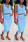 Casual Sleeveless V-neck   Blue Skirt Set