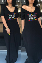 Casual Loose Short Sleeve Printed Black Dress