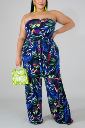 Blue Fashion Sexy Print Tube Top Jumpsuit