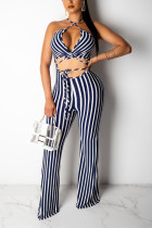 Sexy Open Back Umbilical   Striped Blue Jumpsuit