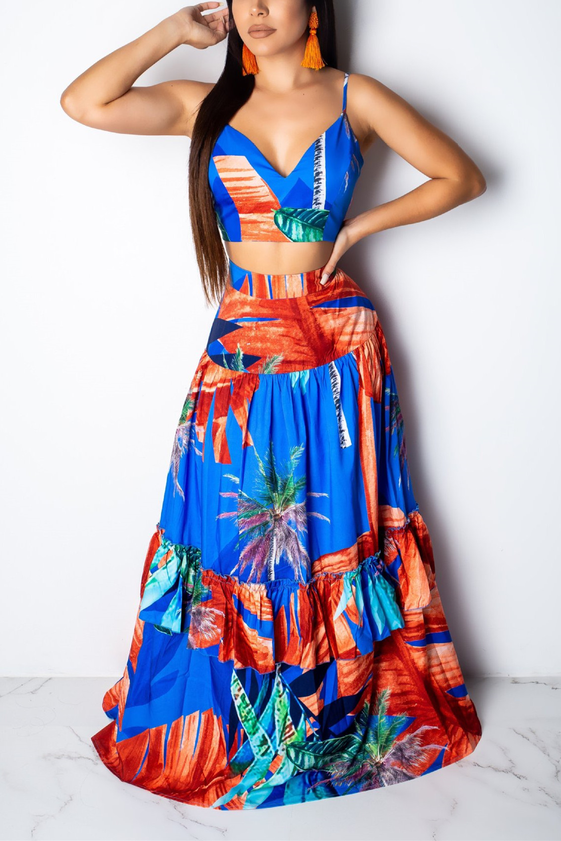 

Sexy Printed Sling Big Swing Skirt Blue Two-piece Suit