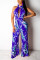 Sexy Hanging Neck Printing Wide Leg Blue Jumpsuit