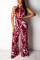 Sexy Hanging Neck Printing Wide Leg Wine Red Jumpsuit