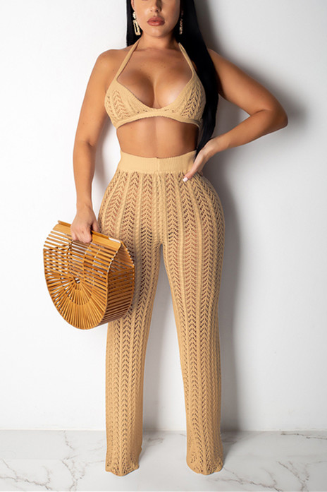 

Fashion Sexy Khaki Knit Two-piece Set