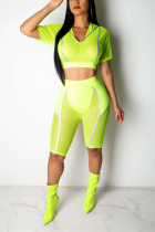 Fashion Casual Stitching Fluorescent Green Two-piece set