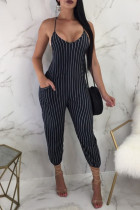 Sexy Sling Striped Printing Black Jumpsuit