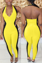 Sexy Deep V Color Matching  Yellow Jumpsuit