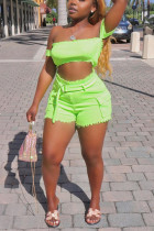 Fashion Sexy Strapless Shorts Fluorescent Green Suit