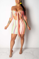 Sexy Striped Printing Strapless Multicolor Dress
