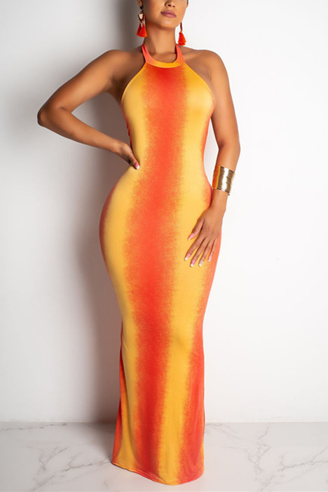 

Fashion Sexy Sleeveless Orange Long Dress