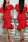 Fashion Wrapped Chest Lotus  Leaf Collar Irregular Red Dress