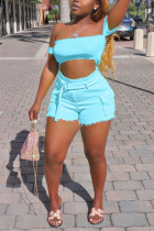 Fashion Sexy Strapless Shorts Blue Suit