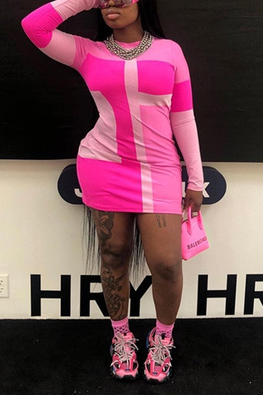 

Fashion Round Neck Short Sleeve Pink Dress