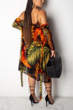 Multi-color Sexy Fashion Floral asymmetrical Print Two Piece Suits Regular Long Sleeve Two-Piece Dres