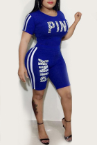 Casual Sports Letter Printing Blue Two-piece Set