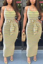 Fashion Stripe Printed Sling Yellow Dress