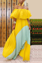 Sexy One-Shoulder Stitching Gary Layer Yellow Dress