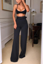 Casual Simple High Waist Black Wide Leg Pants With Belt