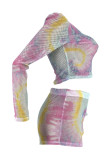 Multi-color Fashion Sexy Casual perspective Mesh Patchwork Tie Dye Straight Long Sleeve Two-Piece Sho