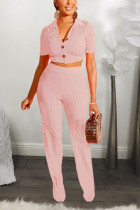 Casual Knit Short Sleeve Pink Two-Piece Suit