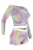Multi-color Fashion Sexy Casual perspective Mesh Patchwork Tie Dye Straight Long Sleeve Two-Piece Sho