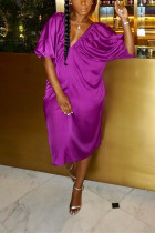 Fashion Casual Deep V Lantern Sleeve Loose Purple Dress