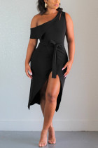 Sexy Fashion Diagonal Collar Black Dress