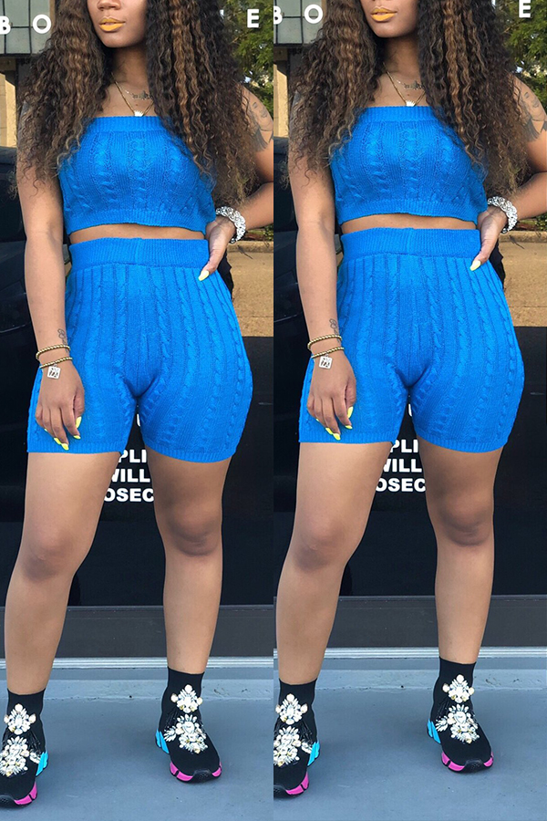 

Sexy Fashion Strapless Shorts Blue Sweater Set