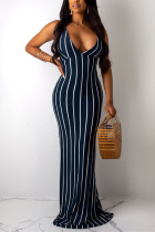 Sexy Striped Printing Off Shoulder Dark Blue Sling Dress