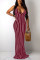 Wine Red Sexy Fashion Spaghetti Strap Sleeveless Slip Straight Floor-Length Solid Striped Casual D