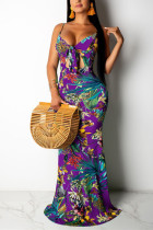 Sexy Fashion Printing Purple Sling V-neck Dress