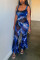 Fashion Perspective Mesh Printing Big Horn Blue Jumpsuit