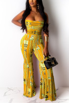 Fashion Sexy Printed Yellow Strapless Jumpsuit