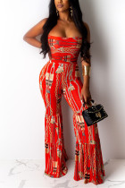 Fashion Sexy Printed Red Strapless Jumpsuit