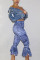 Fashion Casual Printed Blue Ruffled Pants