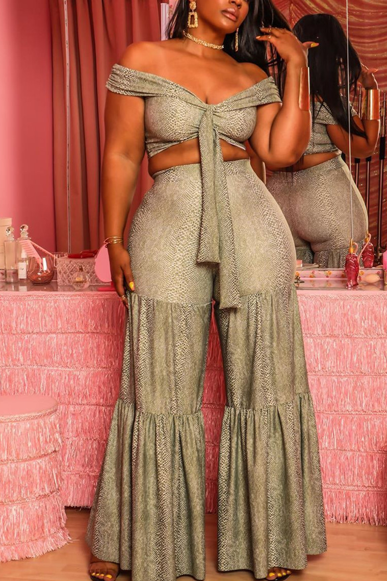 

Sexy Fashion Snakeskin Wide Leg Pants Gray Two-Piece Suit