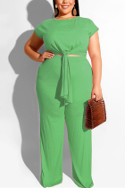 Casual Straight Pants Strap Grass Green Two-Piece Suit