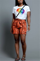 Fashion Casual Lips Printing T-Shirt Shorts Orange Set