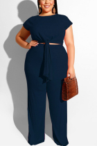 Casual Straight Pants Strap Dark Blue Two-Piece Suit